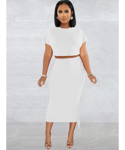 Sexy Summer Two Piece Outfits for Women Bodycon Club Dresses Tassel Ruched Crop Tops Cocktail Party Midi Skirt Set Z-white $2...