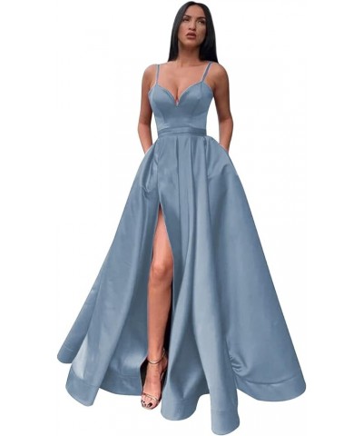 Women's Spaghetti Straps Split Satin Prom Dress Long Evening Party Dresses with Pockets Dusty Blue $54.99 Dresses