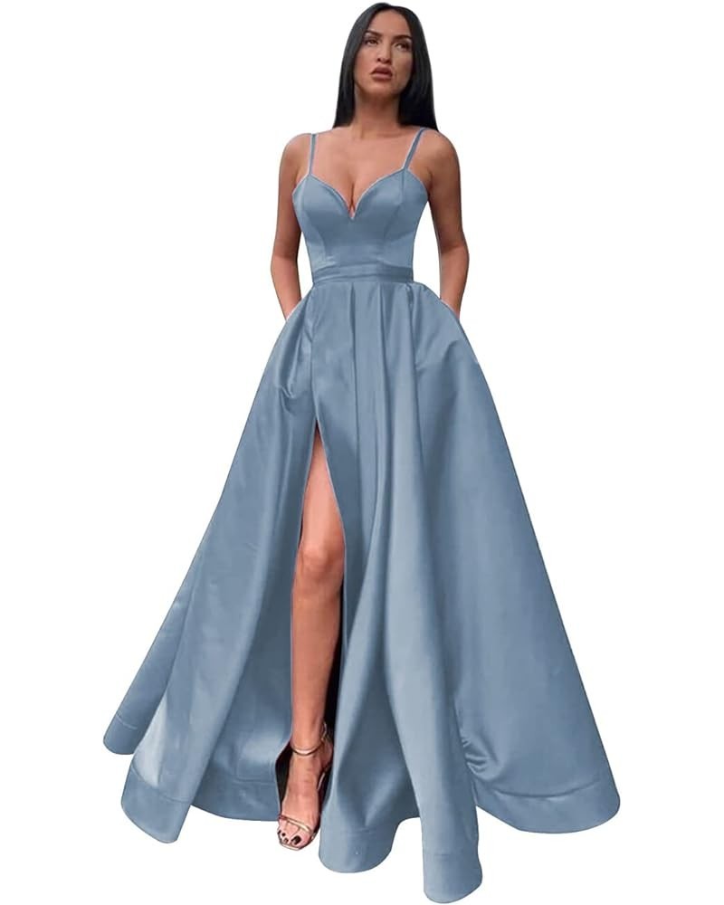 Women's Spaghetti Straps Split Satin Prom Dress Long Evening Party Dresses with Pockets Dusty Blue $54.99 Dresses