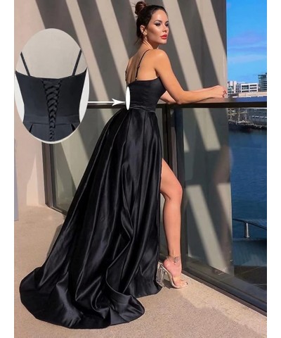 Women's Spaghetti Straps Split Satin Prom Dress Long Evening Party Dresses with Pockets Dusty Blue $54.99 Dresses