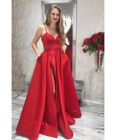 Women's Spaghetti Straps Split Satin Prom Dress Long Evening Party Dresses with Pockets Dusty Blue $54.99 Dresses