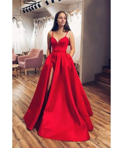 Women's Spaghetti Straps Split Satin Prom Dress Long Evening Party Dresses with Pockets Dusty Blue $54.99 Dresses