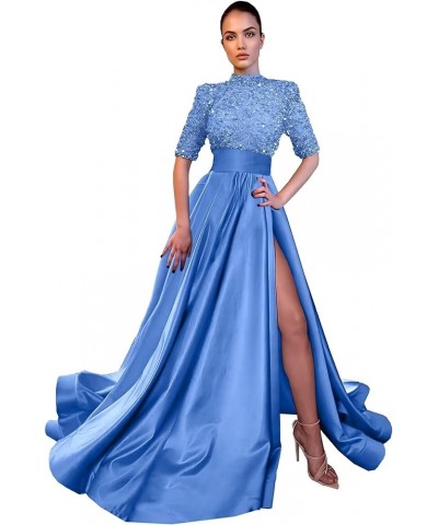 Sparkly Sequin Prom Dresses for Women Slit 2024 Half Sleeve Satin Long Ball Gown Formal Evening Gowns Blue $41.24 Dresses