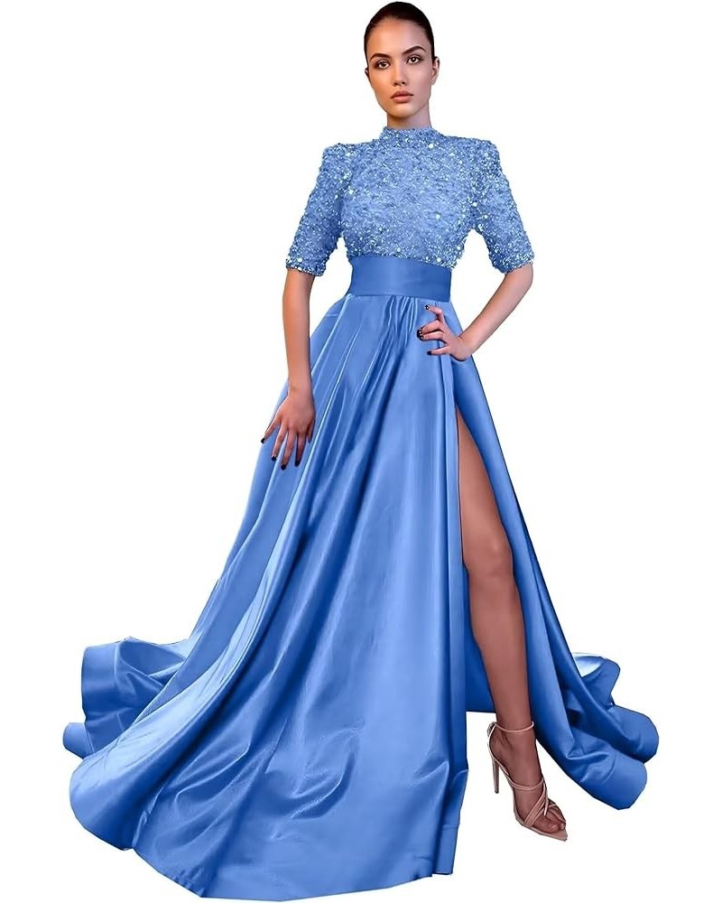 Sparkly Sequin Prom Dresses for Women Slit 2024 Half Sleeve Satin Long Ball Gown Formal Evening Gowns Blue $41.24 Dresses