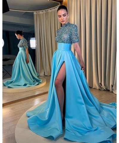 Sparkly Sequin Prom Dresses for Women Slit 2024 Half Sleeve Satin Long Ball Gown Formal Evening Gowns Blue $41.24 Dresses