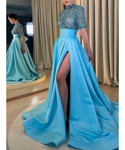 Sparkly Sequin Prom Dresses for Women Slit 2024 Half Sleeve Satin Long Ball Gown Formal Evening Gowns Blue $41.24 Dresses