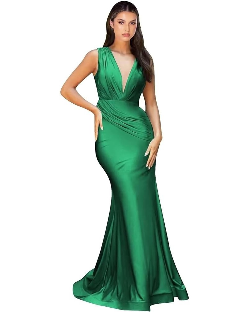 Satin Bridesmaid Dresses Mermaid V Neck Formal Dresses Ruched Wedding Evening Gowns Green $34.83 Dresses