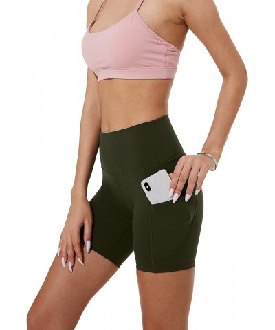 Women's High Waisted Tummy Control Seamless Waistband Yoga Shorts with Pockets 6" Inseam Olive $13.49 Activewear