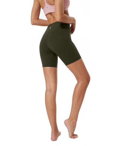 Women's High Waisted Tummy Control Seamless Waistband Yoga Shorts with Pockets 6" Inseam Olive $13.49 Activewear