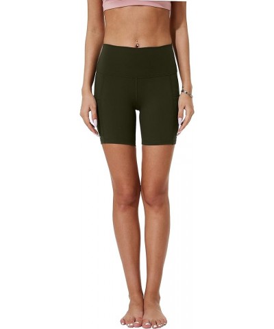 Women's High Waisted Tummy Control Seamless Waistband Yoga Shorts with Pockets 6" Inseam Olive $13.49 Activewear