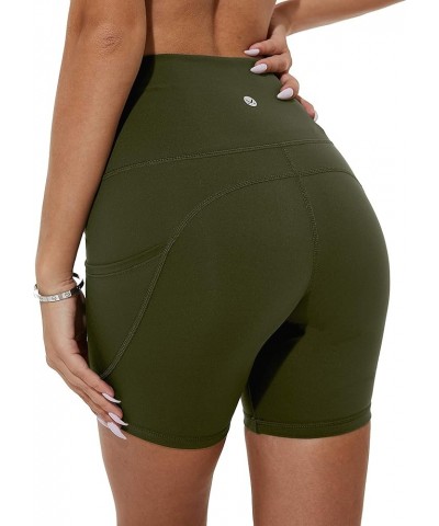 Women's High Waisted Tummy Control Seamless Waistband Yoga Shorts with Pockets 6" Inseam Olive $13.49 Activewear