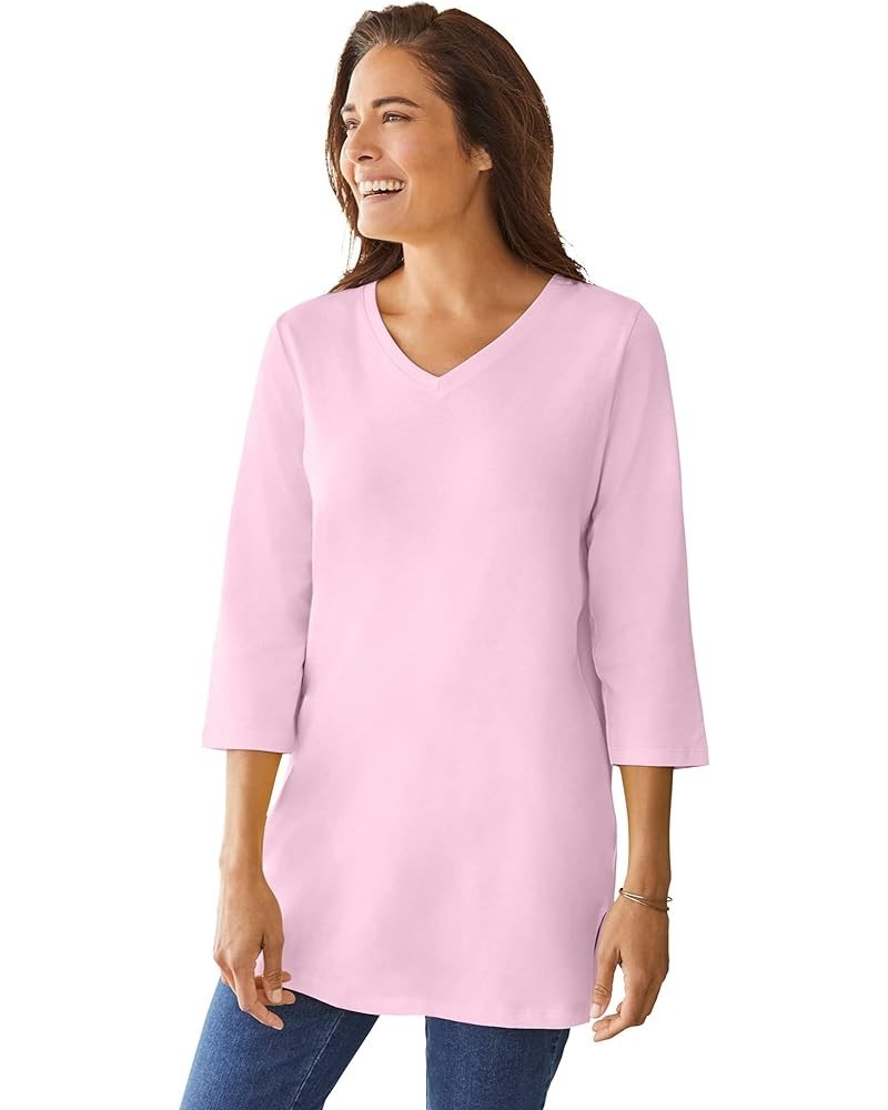 Women's Plus Size Perfect Three-Quarter Sleeve V-Neck Tunic Pink $14.22 Tops