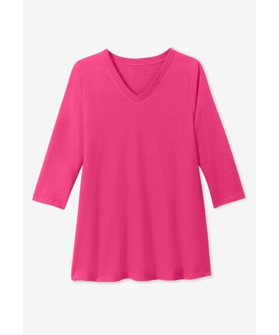 Women's Plus Size Perfect Three-Quarter Sleeve V-Neck Tunic Pink $14.22 Tops