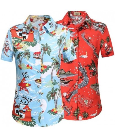 Womens Button Down Shirts Santa Claus Short Sleeve Blouse Hawaiian Christmas Shirts for Women Blue and Red $26.52 Blouses