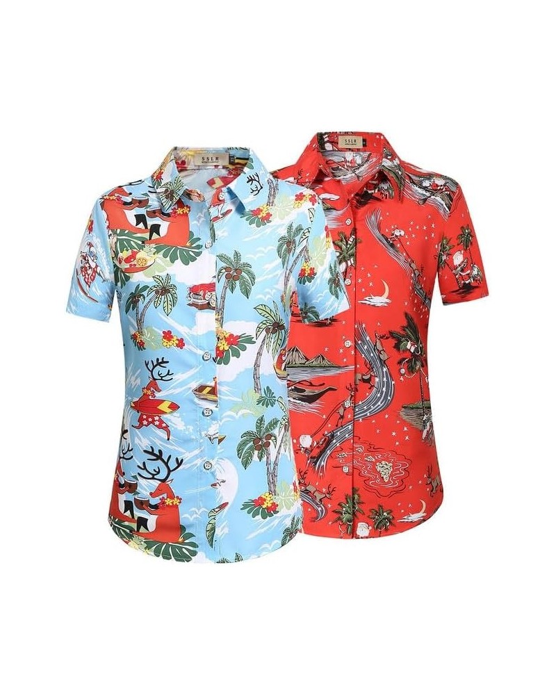 Womens Button Down Shirts Santa Claus Short Sleeve Blouse Hawaiian Christmas Shirts for Women Blue and Red $26.52 Blouses