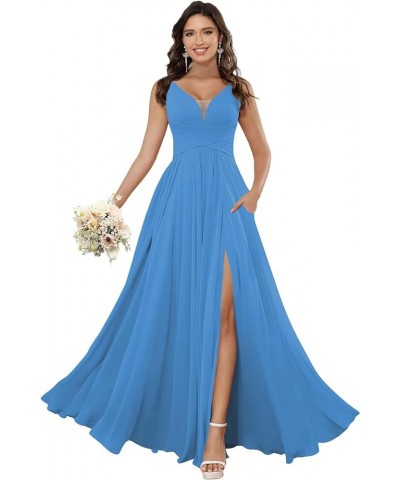 Women's V Neck Bridesmaid Dresses for Women Chiffon Ruched Formal Evening Dress with Silt PU119 Blue $34.10 Dresses