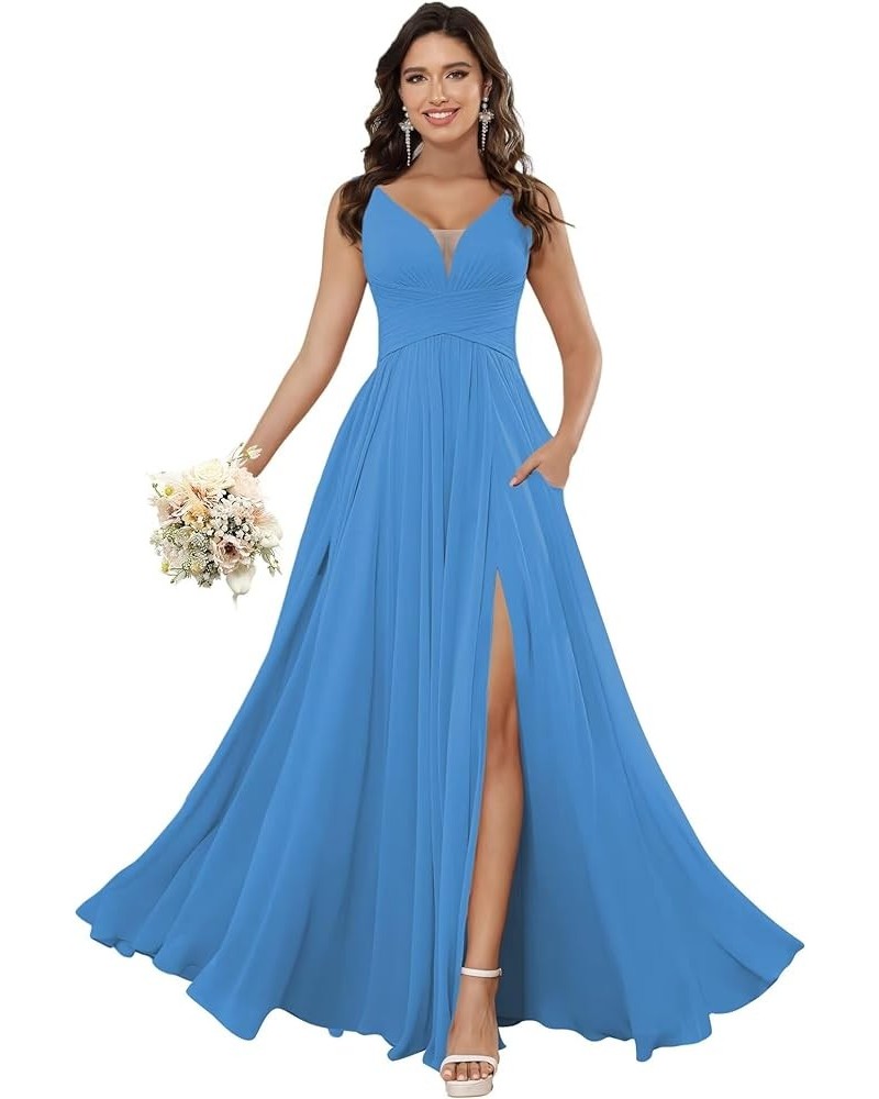 Women's V Neck Bridesmaid Dresses for Women Chiffon Ruched Formal Evening Dress with Silt PU119 Blue $34.10 Dresses