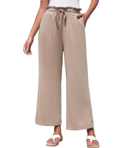 Women’s Wide Leg Palazzo Lounge Pants with Pockets Comfy Casual High Waist Drawstring Ribbed Trousers Khaki $9.87 Pants