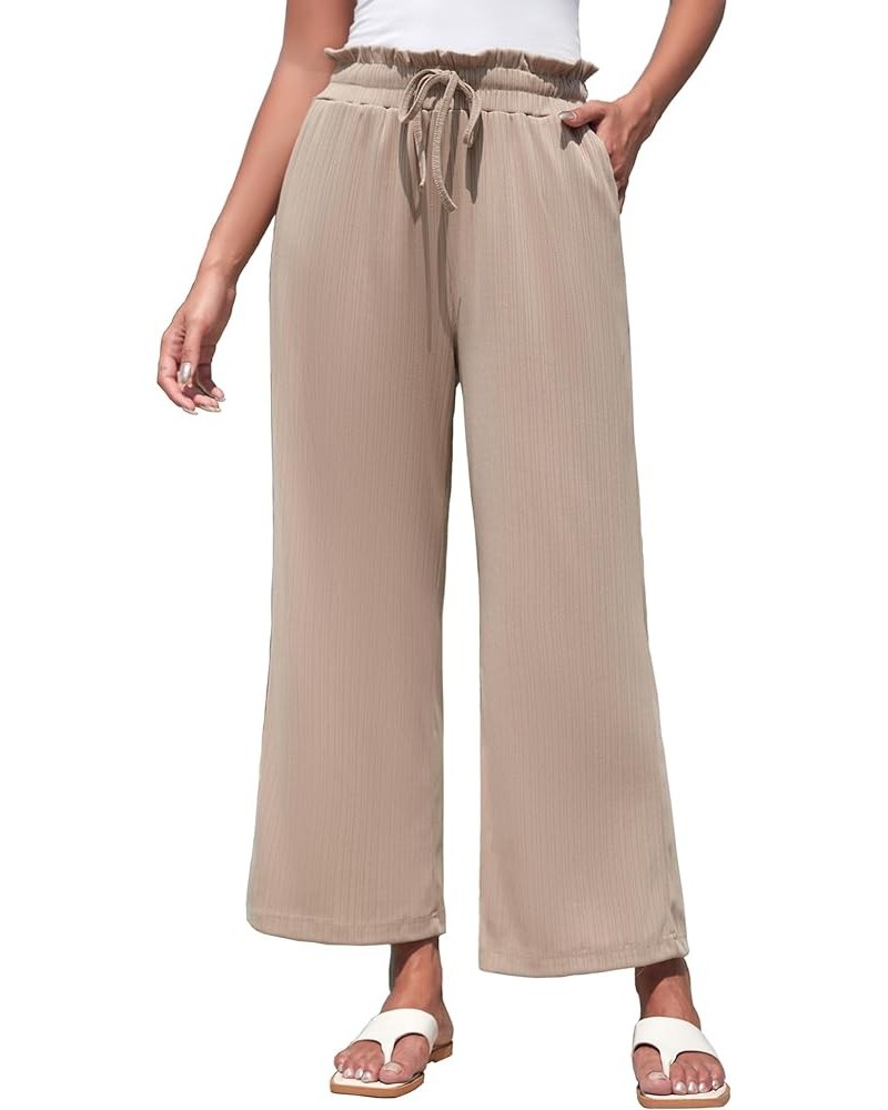 Women’s Wide Leg Palazzo Lounge Pants with Pockets Comfy Casual High Waist Drawstring Ribbed Trousers Khaki $9.87 Pants