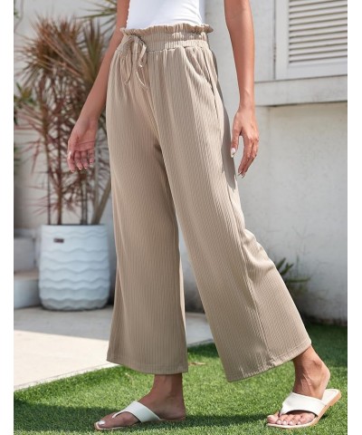 Women’s Wide Leg Palazzo Lounge Pants with Pockets Comfy Casual High Waist Drawstring Ribbed Trousers Khaki $9.87 Pants