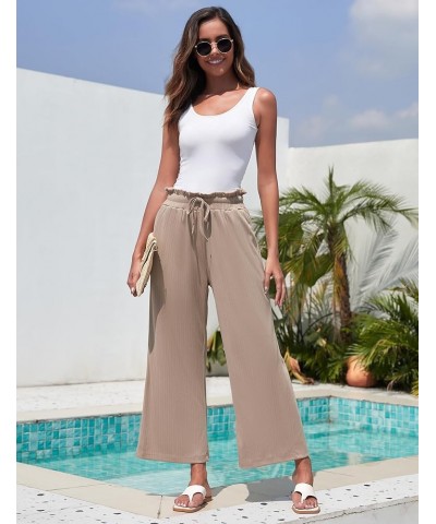 Women’s Wide Leg Palazzo Lounge Pants with Pockets Comfy Casual High Waist Drawstring Ribbed Trousers Khaki $9.87 Pants