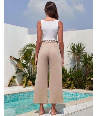 Women’s Wide Leg Palazzo Lounge Pants with Pockets Comfy Casual High Waist Drawstring Ribbed Trousers Khaki $9.87 Pants