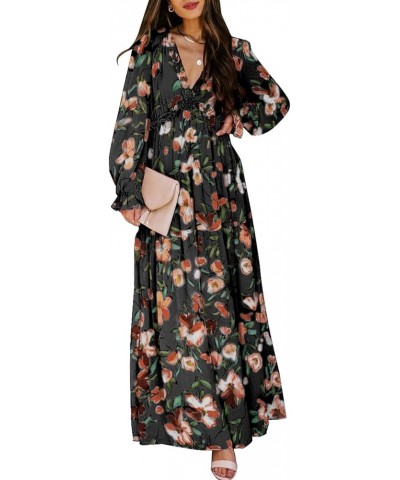 Womens Casual V Neck Dresses Floral Long Sleeve Flowy Long Evening Dress Cocktail Party Wedding Dresses A-black $22.14 Dresses