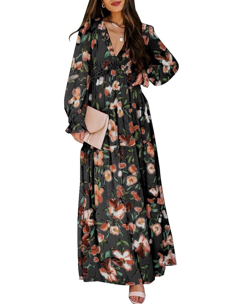 Womens Casual V Neck Dresses Floral Long Sleeve Flowy Long Evening Dress Cocktail Party Wedding Dresses A-black $22.14 Dresses