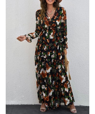 Womens Casual V Neck Dresses Floral Long Sleeve Flowy Long Evening Dress Cocktail Party Wedding Dresses A-black $22.14 Dresses