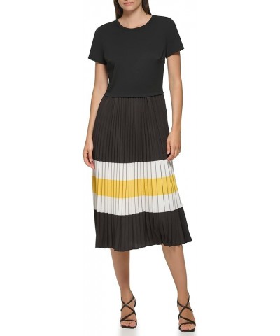 Women's Pleated Printed Midi Dress Black Lemon Chrome Soft White $35.30 Dresses