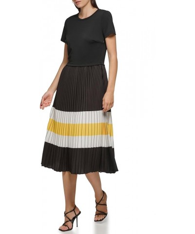 Women's Pleated Printed Midi Dress Black Lemon Chrome Soft White $35.30 Dresses