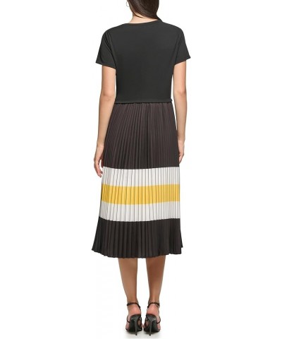 Women's Pleated Printed Midi Dress Black Lemon Chrome Soft White $35.30 Dresses