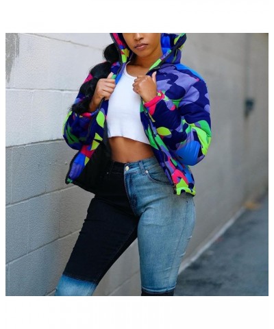 Women's Winter Camouflage Print Puffer Jacket with Shiny PU Leather Cropped Down Coat Green $23.31 Jackets