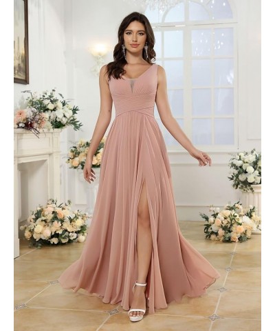 Women's V Neck Bridesmaid Dresses for Women Chiffon Ruched Formal Evening Dress with Silt PU119 Blue $34.10 Dresses