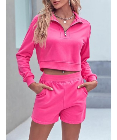 Women's Two Piece Outfits Half Zip Crop Sweatshirts High Waist Shorts Lounge Sets Sweatsuits Rose Red $9.53 Activewear