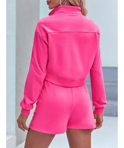 Women's Two Piece Outfits Half Zip Crop Sweatshirts High Waist Shorts Lounge Sets Sweatsuits Rose Red $9.53 Activewear