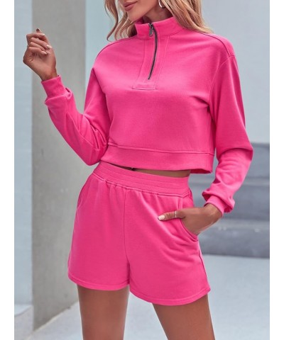 Women's Two Piece Outfits Half Zip Crop Sweatshirts High Waist Shorts Lounge Sets Sweatsuits Rose Red $9.53 Activewear