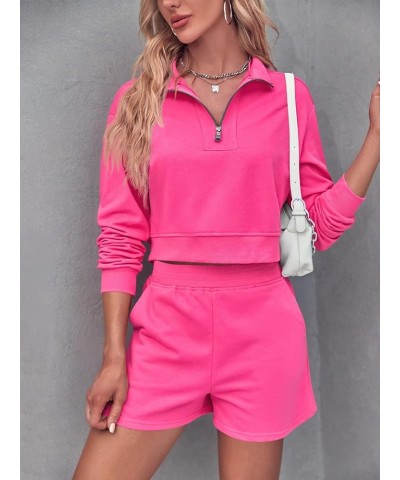 Women's Two Piece Outfits Half Zip Crop Sweatshirts High Waist Shorts Lounge Sets Sweatsuits Rose Red $9.53 Activewear