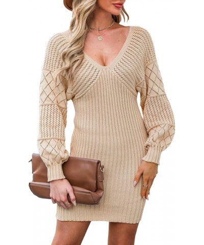 Women's V Neck Long Sleeve Casual Sweater Dress Knit Warm Bodycon Pullover Sweater Tan $19.74 Sweaters