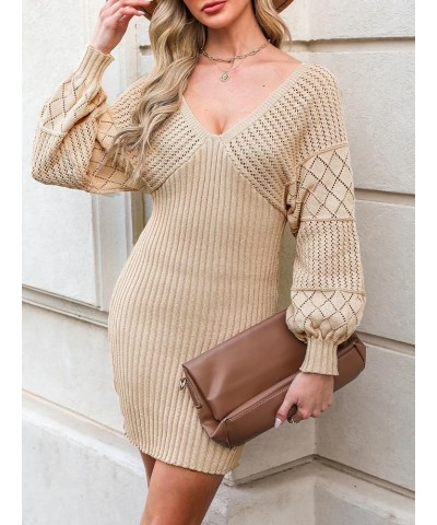 Women's V Neck Long Sleeve Casual Sweater Dress Knit Warm Bodycon Pullover Sweater Tan $19.74 Sweaters