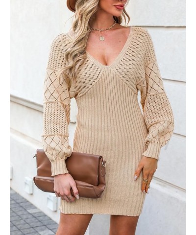 Women's V Neck Long Sleeve Casual Sweater Dress Knit Warm Bodycon Pullover Sweater Tan $19.74 Sweaters