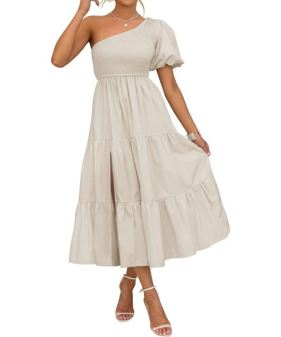 Women's 2024 Boho Summer One Shoulder Short Sleeve Smocked Side Split Ruffle Swing Midi Dress Apricot $18.54 Dresses