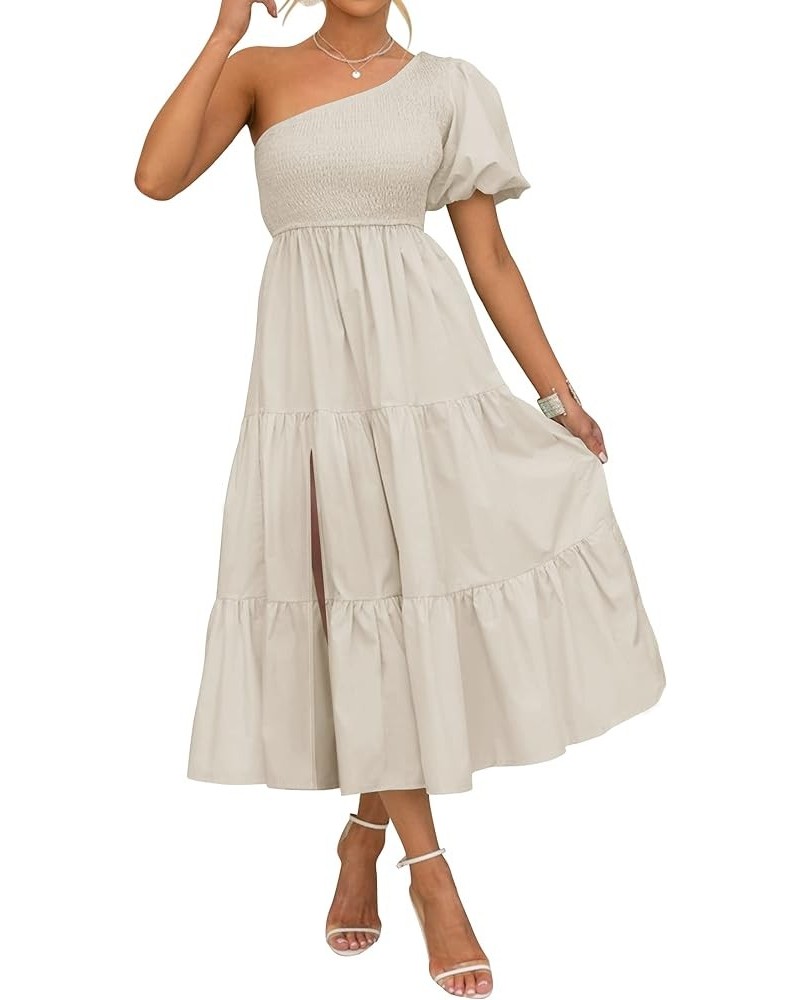 Women's 2024 Boho Summer One Shoulder Short Sleeve Smocked Side Split Ruffle Swing Midi Dress Apricot $18.54 Dresses