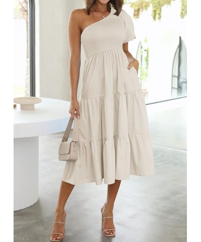 Women's 2024 Boho Summer One Shoulder Short Sleeve Smocked Side Split Ruffle Swing Midi Dress Apricot $18.54 Dresses