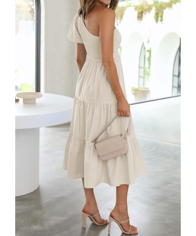 Women's 2024 Boho Summer One Shoulder Short Sleeve Smocked Side Split Ruffle Swing Midi Dress Apricot $18.54 Dresses