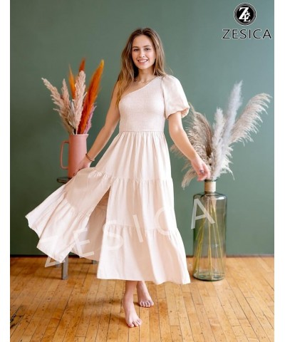 Women's 2024 Boho Summer One Shoulder Short Sleeve Smocked Side Split Ruffle Swing Midi Dress Apricot $18.54 Dresses