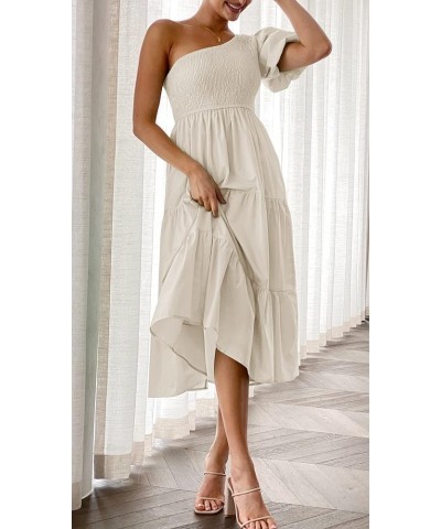 Women's 2024 Boho Summer One Shoulder Short Sleeve Smocked Side Split Ruffle Swing Midi Dress Apricot $18.54 Dresses