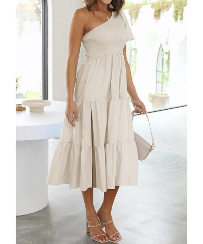 Women's 2024 Boho Summer One Shoulder Short Sleeve Smocked Side Split Ruffle Swing Midi Dress Apricot $18.54 Dresses