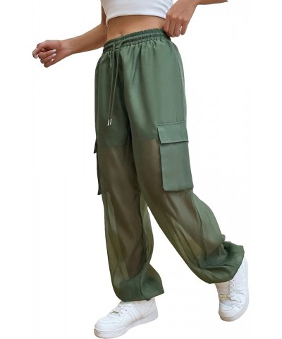 Women's Mesh Sheer Drawstring Waist Flap Pocket Streetwear Jogger Cargo Pants Green $19.94 Activewear