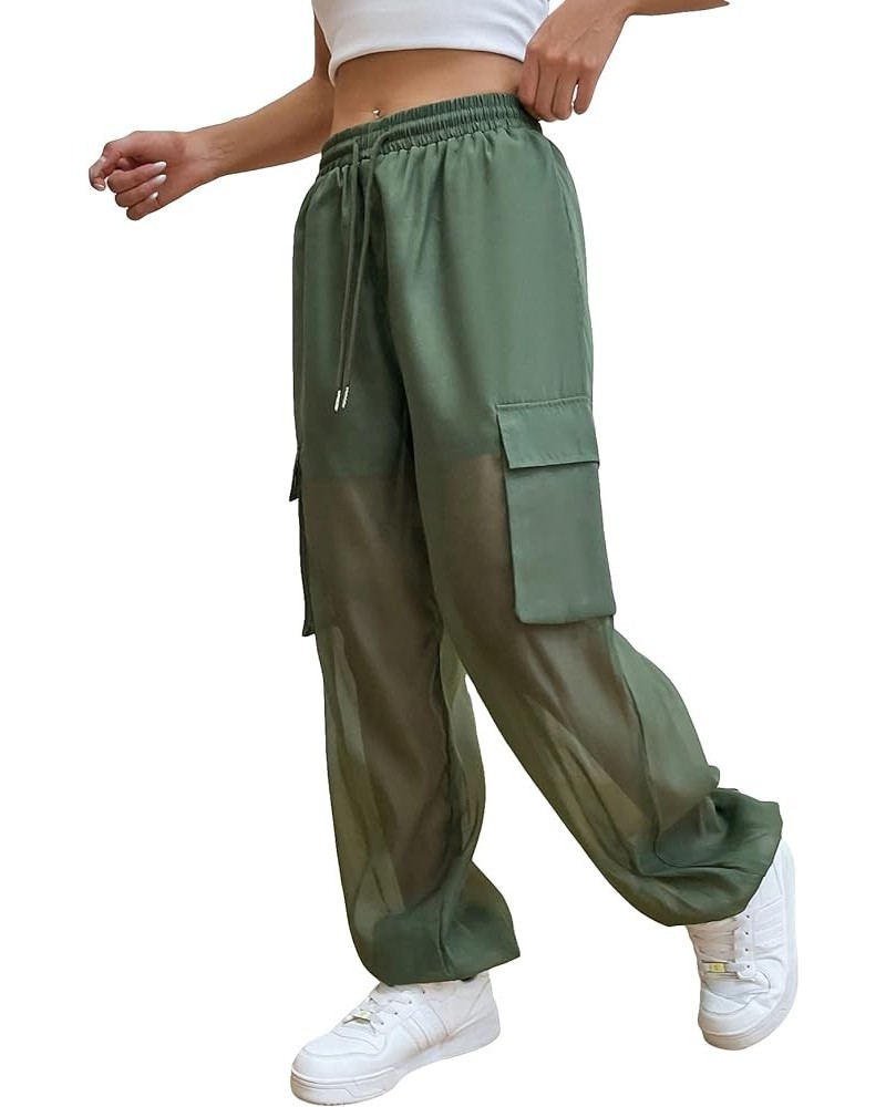 Women's Mesh Sheer Drawstring Waist Flap Pocket Streetwear Jogger Cargo Pants Green $19.94 Activewear